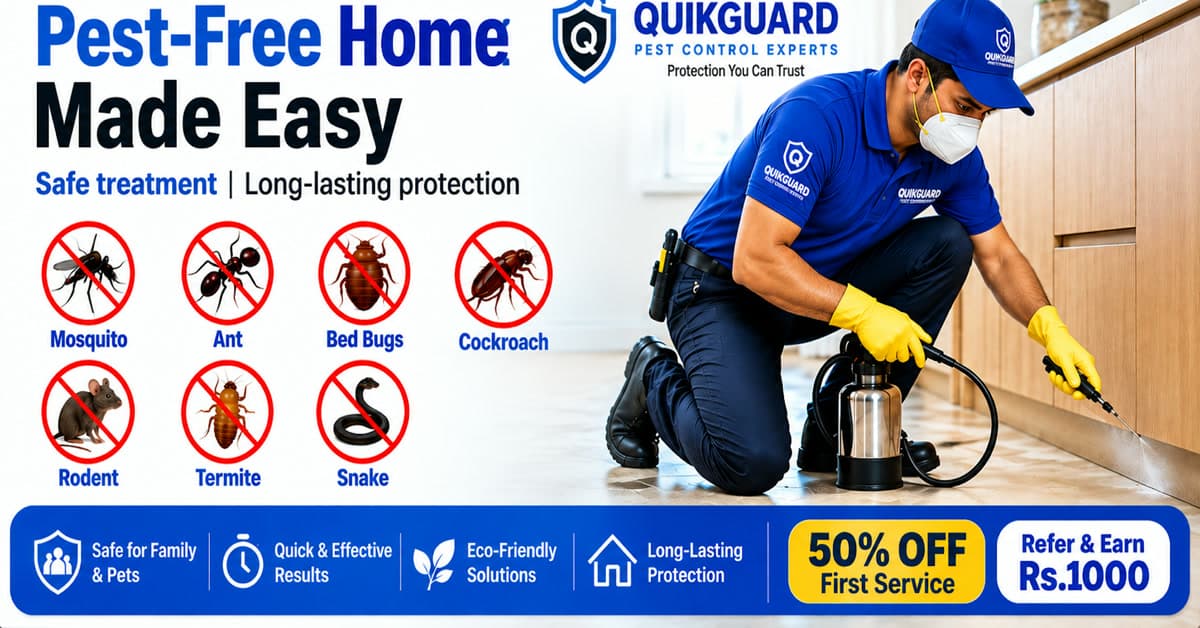 QuikGuard technician ghar me safe pest control treatment karte hue