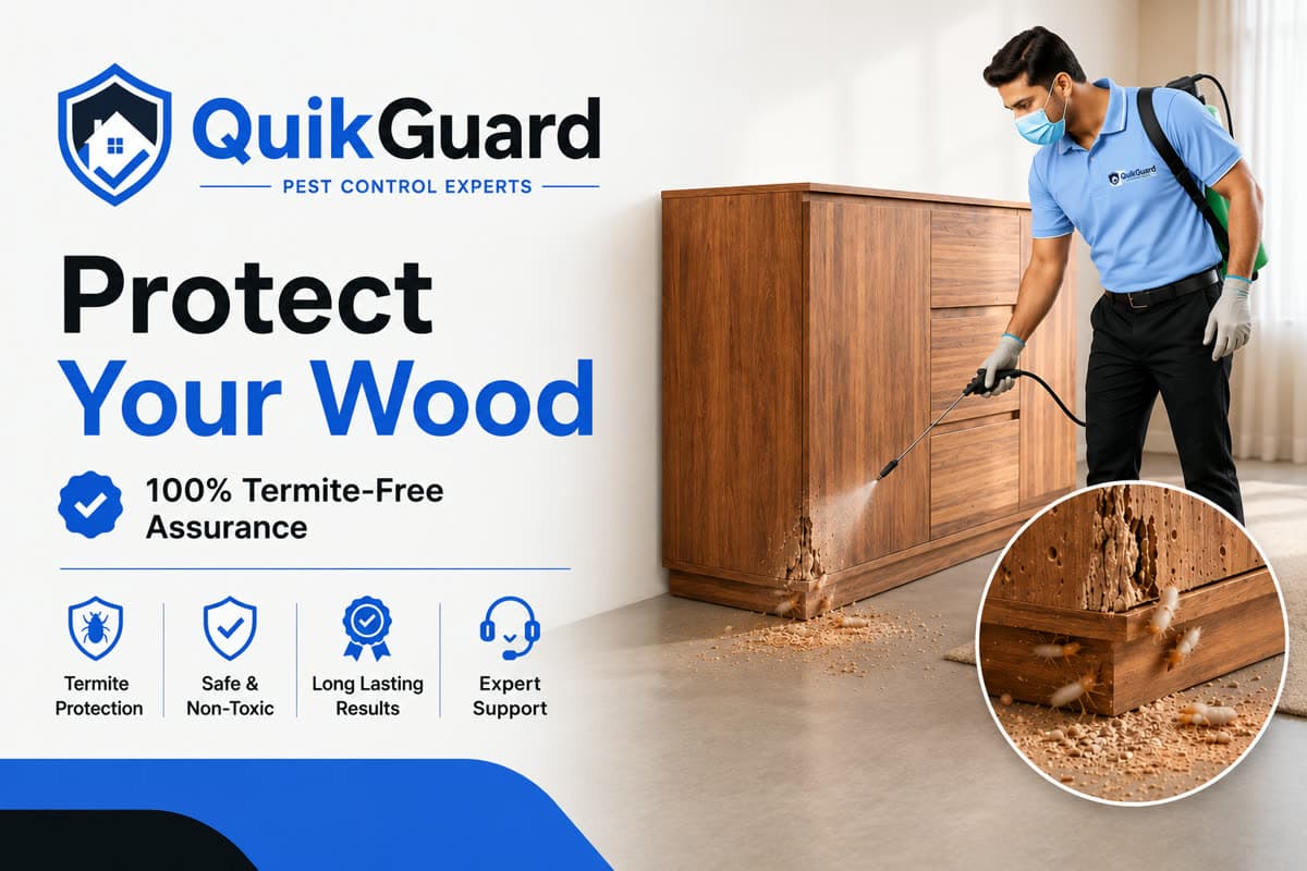 QuikGuard technician lakdi ke furniture par anti-termite treatment karte hue — deemak ke nishaan
