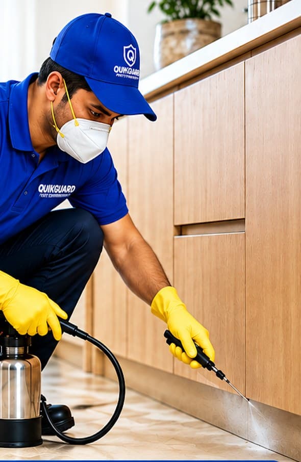 QuikGuard technician neeli uniform me ghar par pest control treatment karte hue